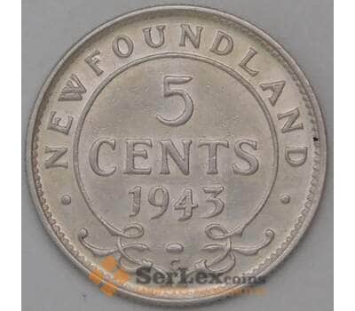Монета Ньюфаундленд 5 центов 1943 КМ19 XF Серебро арт. 30724