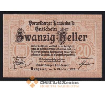 Австрия Ворарлберг (Vorarlberger) нотгельд 20 геллеров 1919 РS146 UNC арт. 51904