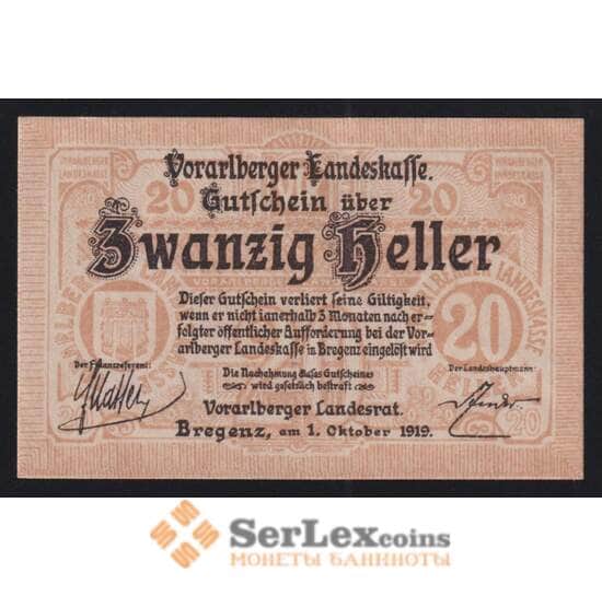 Австрия Ворарлберг (Vorarlberger) нотгельд 20 геллеров 1919 РS146 UNC арт. 51904