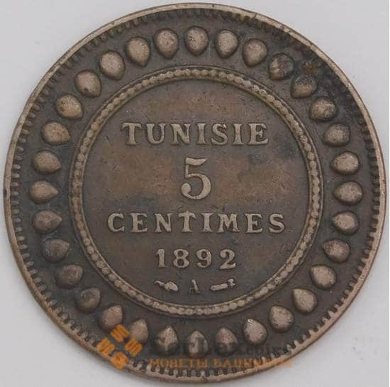 Тунис монета 5 сантимов 1892 КМ221 VF арт. 43289