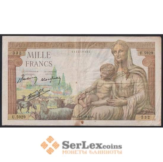 Франция банкнота 1000 франков 1943 Р102 VF арт. 47750