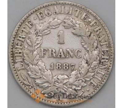 Монета Франция 1 франк 1887 КМ822 VF арт. 22684