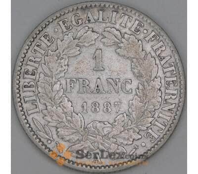 Монета Франция 1 франк 1887 КМ822 VF арт. 22684