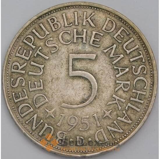 Германия монета 5 марок 1951 D КМ112 XF арт. 42218