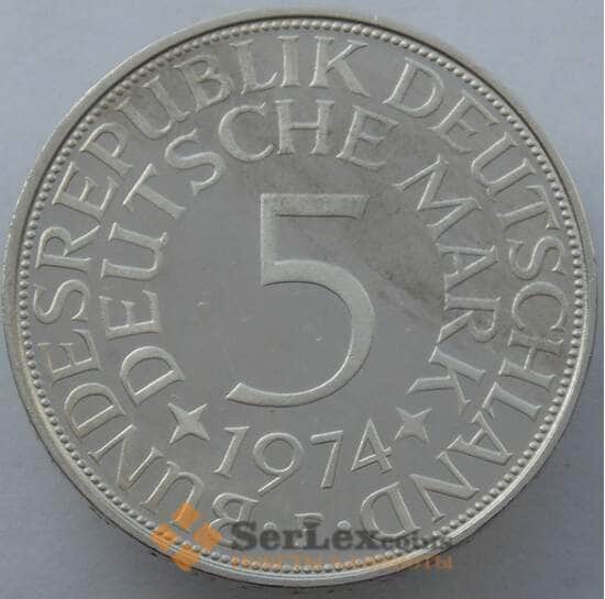 Германия 5 марок 1974 F КМ112 Proof Серебро (J05.19) арт. 14927