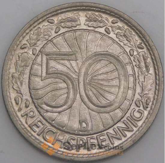 Германия монета 50 пфеннигов 1929 D КМ49 XF арт. 46093