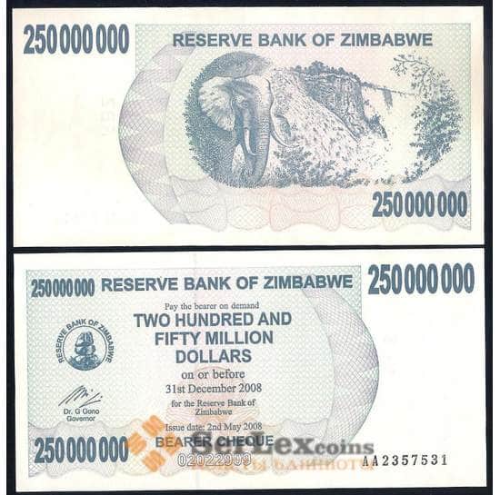 Зимбабве 250000000 (250 миллионов) Долларов 2008 Р59 UNC арт. 40344