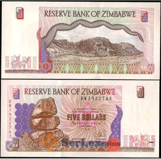 Зимбабве 5 долларов 1997 Р5 UNC арт. 23034