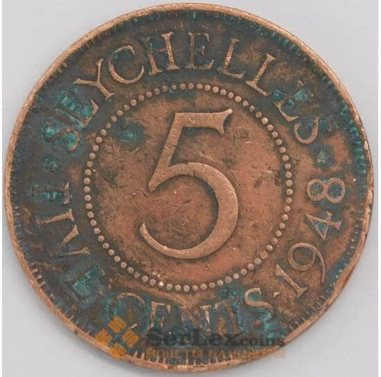 Сейшельские острова монета 5 центов 1948 КМ7 F арт. 42162