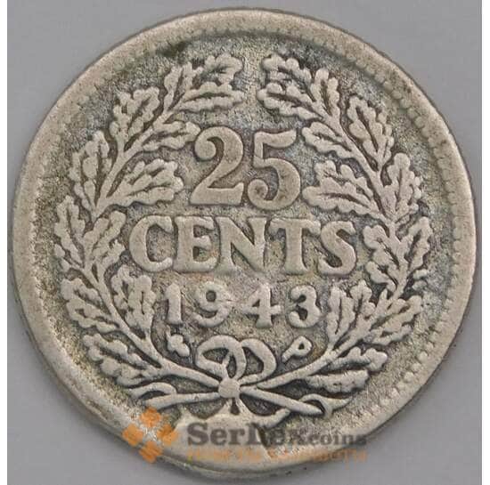 Нидерланды монета 25 центов 1943 КМ164 F арт. 43606
