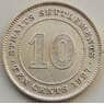 Стрейтс Сеттлментс 10 центов 1927 КМ29b VF арт. 8376