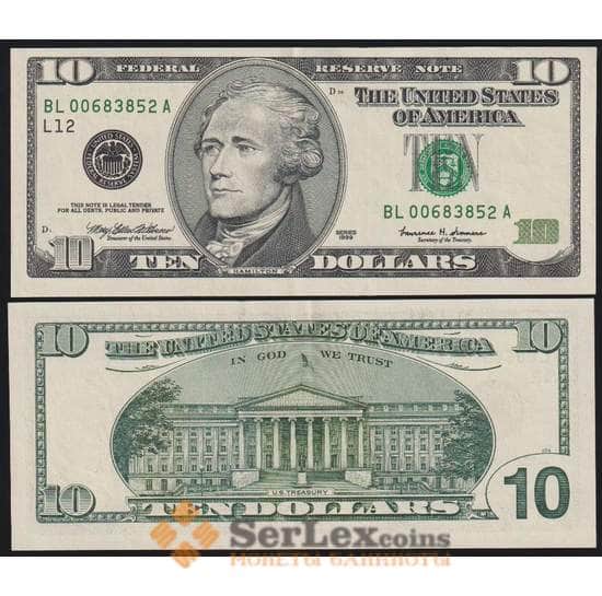 США банкнота 10 долларов 1999 Р506 AU L12 Сан-Франциско арт. 48383