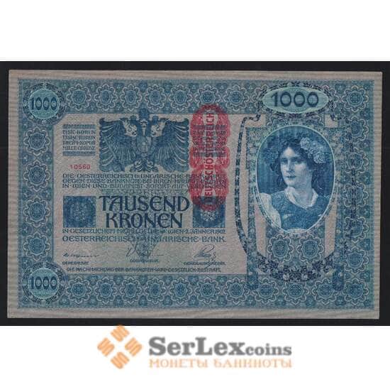 Австрия 1000 крон 1902 (1919) Р59 aUNC-UNC вертикальная надпечатка арт. 51917