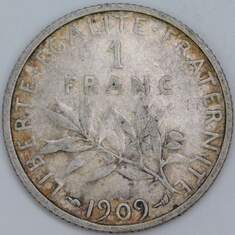 Франция 1 франк 1909 КМ844 VF арт. 57393 Франция 1 франк 1909 КМ844 VF арт. 57393