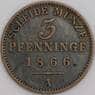 Германия - Пруссия монета 3 пфеннига 1866 А КМ482 XF арт. 47662