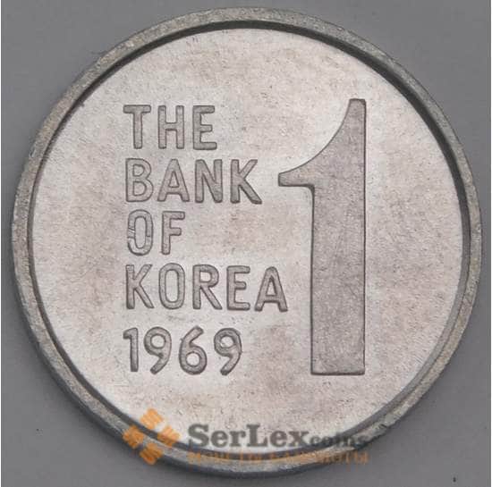 Южная Корея монета 1 вона 1969 КМ4а UNC арт. 41334