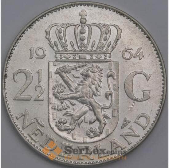 Нидерланды монета 2 1/2 гульдена 1964 КМ185 AU  арт. 15094