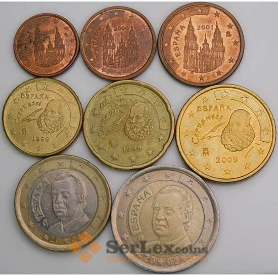 Испания набор Евро монет 1 цент - 2 евро 1999-2009 XF-AU(8 шт) арт. 46744