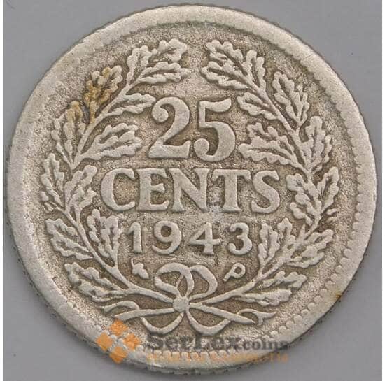 Нидерланды монета 25 центов 1943 КМ164 F арт. 43608