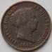 Монета Испания 5 сентимо 1862 КМ602 VF Изабелла II (J05.19) арт. 15181