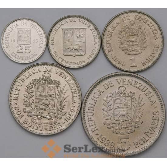 Венесуэла набор монет 25, 50 сентимо, 1, 2, 5 боливар 1989-1990 UNC арт. 37241