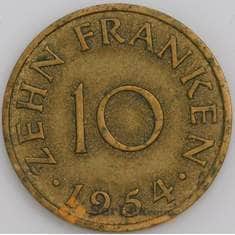 Саар (Саарленд) монета 10 франков 1954 КМ1 VF арт. 47365