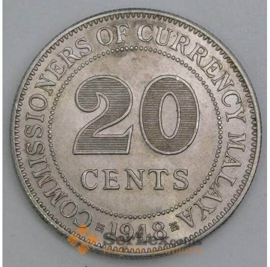 Малайя 20 центов 1948 КМ9 aUNC арт. 39563 Малайя 20 центов 1948 КМ9 aUNC арт. 39563