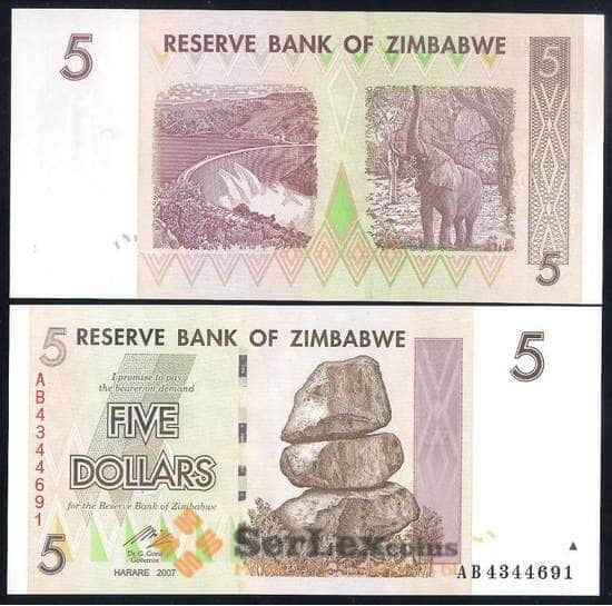 Зимбабве 5 Долларов 2007 Р66 UNC арт. 40345