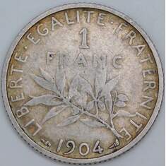 Франция 1 франк 1904 КМ844 VF арт. 57394 Франция 1 франк 1904 КМ844 VF арт. 57394