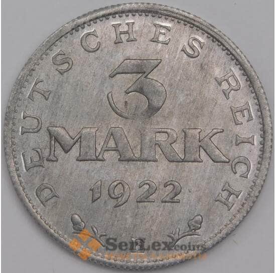 Германия монета 3 марки 1922 Е КМ29 aUNC арт. 43226