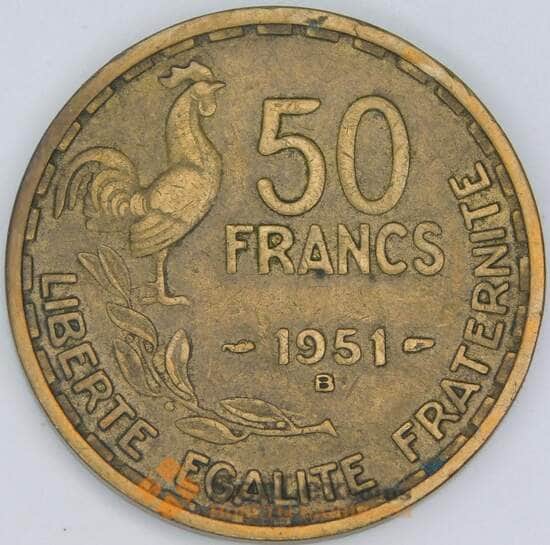 Франция 50 франков 1951 B КМ918.2 XF арт. 57056 Франция 50 франков 1951 B КМ918.2 XF арт. 57056