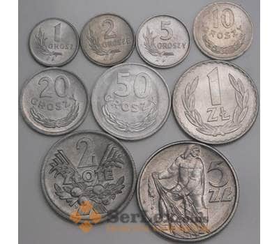 Польша набор монет 1 2 5 10 20 50 грошей 1 2 и 5 злотых (9 шт.) 1949-1975 UNC  арт. 47563