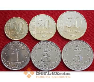 Монета Таджикистан Набор 10, 20, 50 дирам 1, 3, 5 сомони (6 шт) 2018 UNC арт. 13597