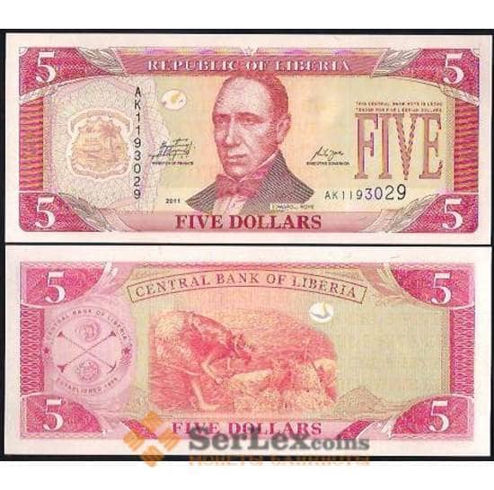 Либерия банкнота 5 долларов 2011 Р26 UNC  арт. В00925
