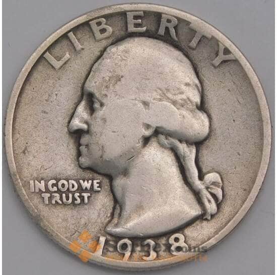 США монета 1/4 доллара 1938 КМ164 F арт. 43145