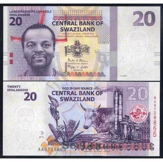 Свазиленд банкнота 20 эмалангени 2014 Р37 UNC  арт. 42477