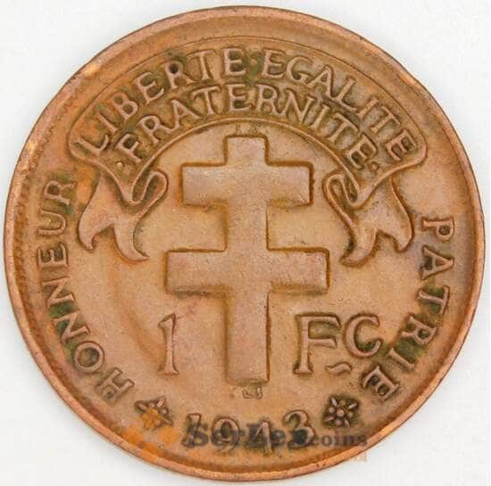 Мадагаскар 1 франк 1943 КМ3 XF арт. 13059 Мадагаскар 1 франк 1943 КМ3 XF арт. 13059