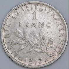 Франция 1 франк 1917 КМ844 VF арт. 57389 Франция 1 франк 1917 КМ844 VF арт. 57389