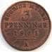 Монета Германия - Пруссия 3 пфеннига 1865 А КМ482 XF арт. С04992