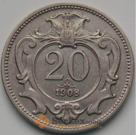 Австрия 20 геллеров 1908 КМ2803 XF арт. 5089
