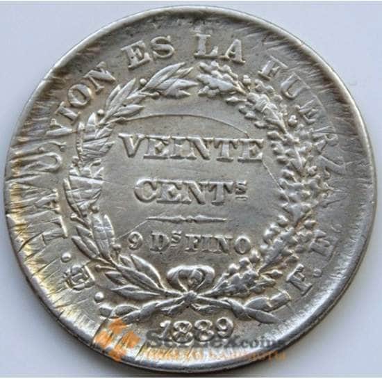 Боливия 20 сентаво 1889 КМ159.2 VF+ Серебро арт. 5337