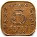 Монета Цейлон 5 центов 1944 КМ113.2 VF арт. 5578