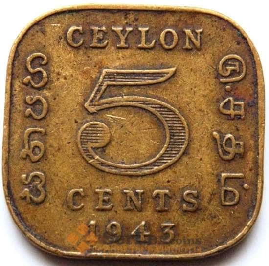Цейлон 5 центов 1943 КМ113.1 VF арт. 5580