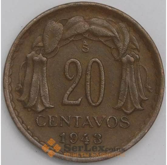 Чили монета 20 сентаво 1943 КМ177 XF арт. 6088
