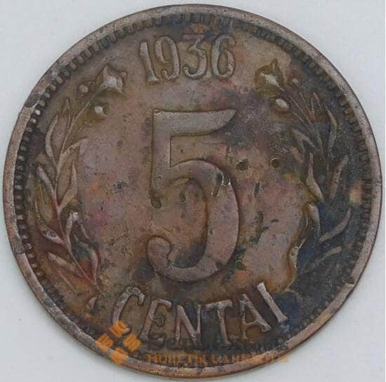 Литва 5 центов 1936 КМ81 F арт. 56894 Литва 5 центов 1936 КМ81 F арт. 56894