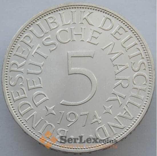 Германия 5 марок 1974 J КМ112 BU Серебро (J05.19) арт. 14952