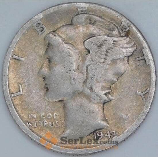 США дайм 10 центов 1943 КМ140 F арт. 56849