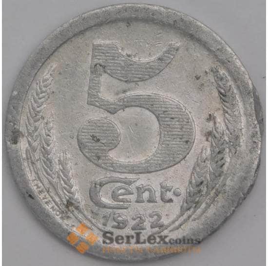 Франция Эри Луар монета 5 сантимов 1922 VF арт. 43414