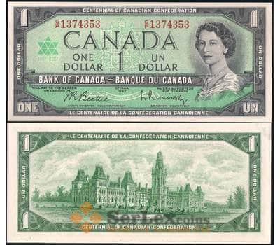 Банкнота Канада 1 доллар 1867-1967 Р84b с серийным номером  реже UNC арт. 23857