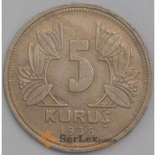 Турция монета 5 куруш 1938 КМ862 XF арт. 43248